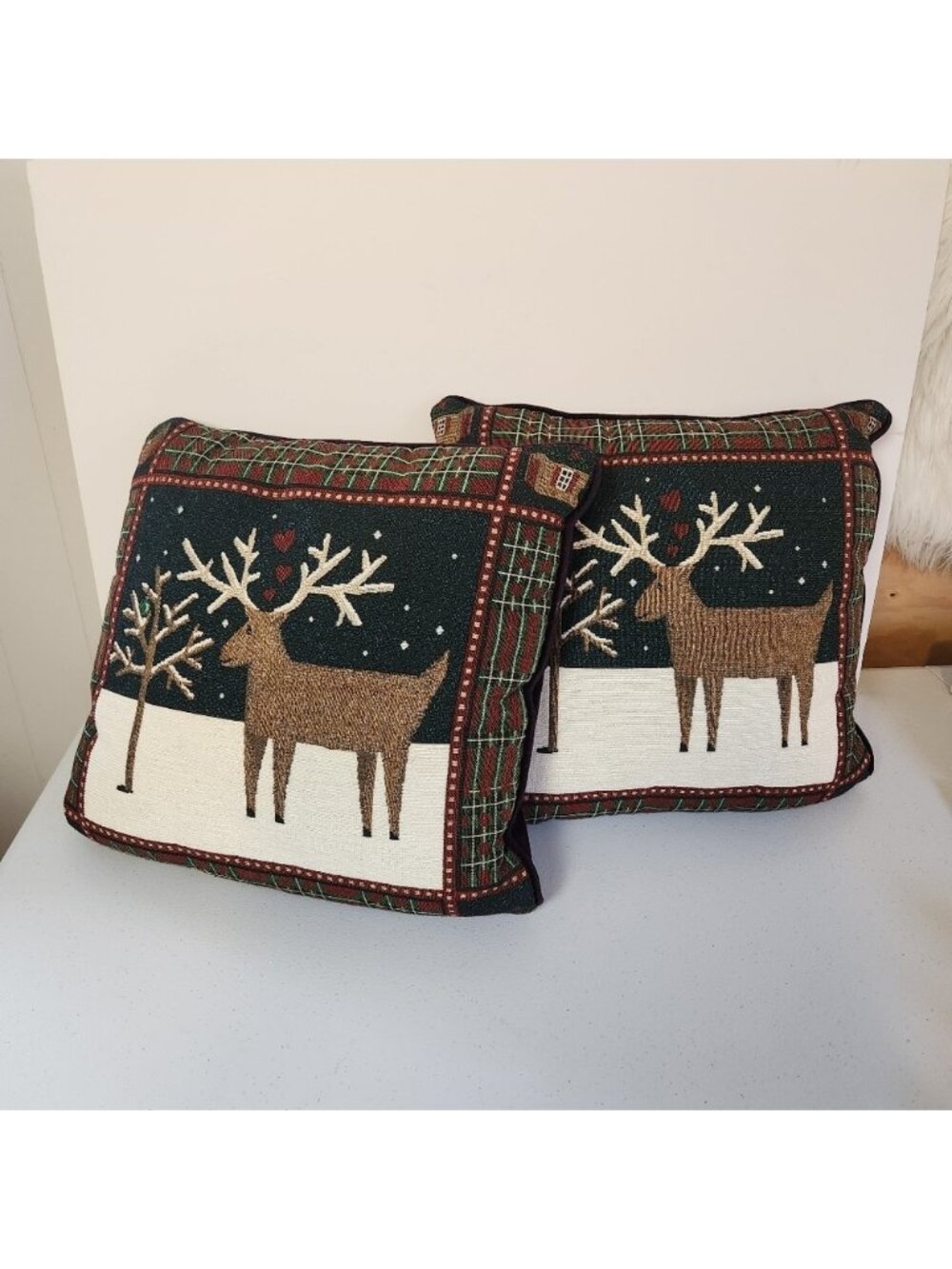 Reindeer Tapestry Throw Pillows Set Of 2 Christmas Tree Red Plaid 14" Velvet